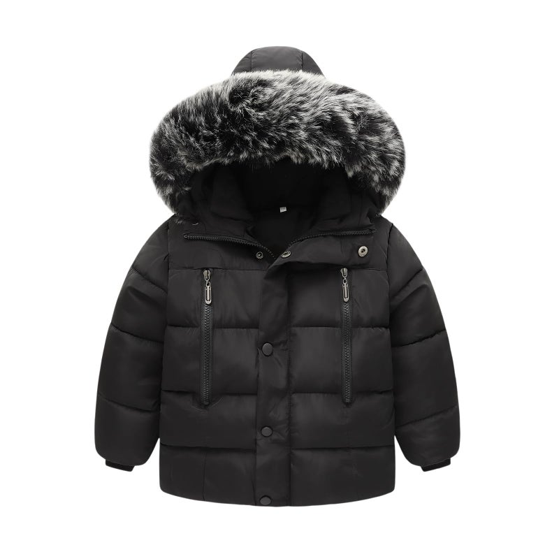 YAGATA Toddler Coat Thicken Fur Collar Hoodie Down Toddler Jacket Warm Toddler Winter Puffer Jacket Black 1-2T 90 - Image 1